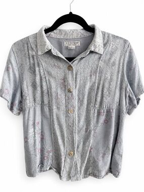 Citron Santa Monica Women’s Gray Floral Jacquard Button Front Textured Blouse S